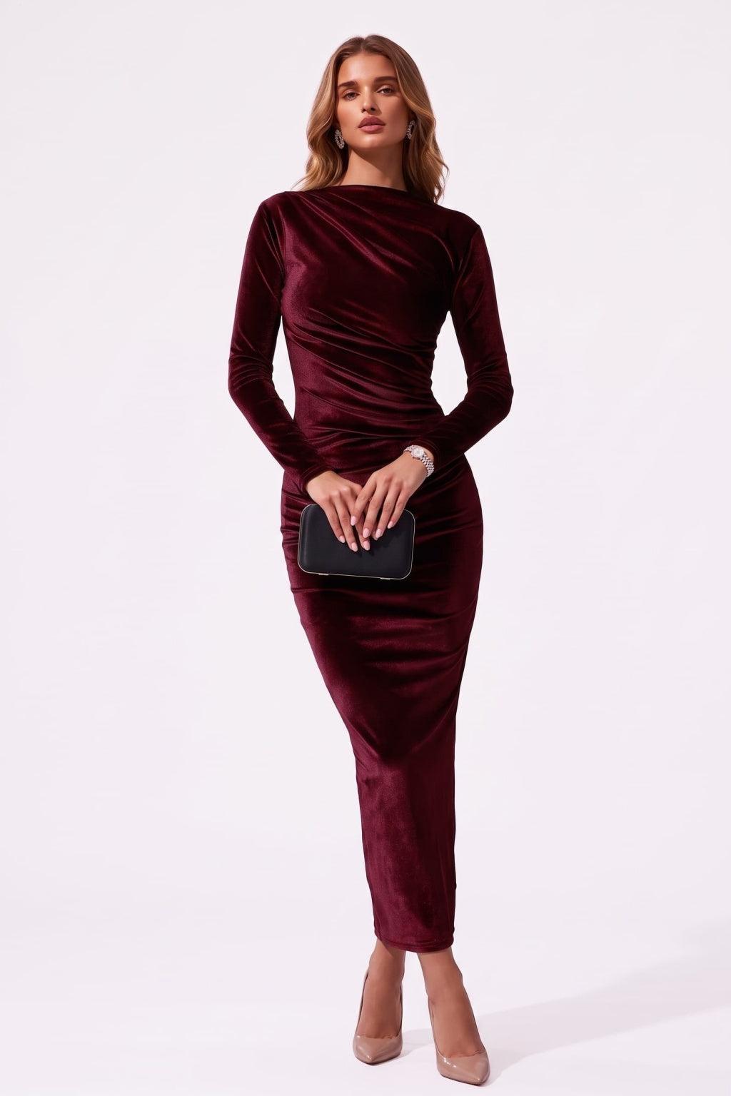 Sheath-Column Ankle Length Velvet Special Occasion Dress CS1093 - Wine - COCOMELODY